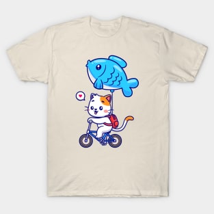 Cute Cat Riding Bicycle With Fish Balloon Cartoon T-Shirt